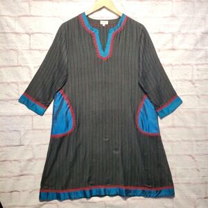 Fabindia India Style Kaftan Tunic Womens Medium Striped Embroidered Pockets Boho